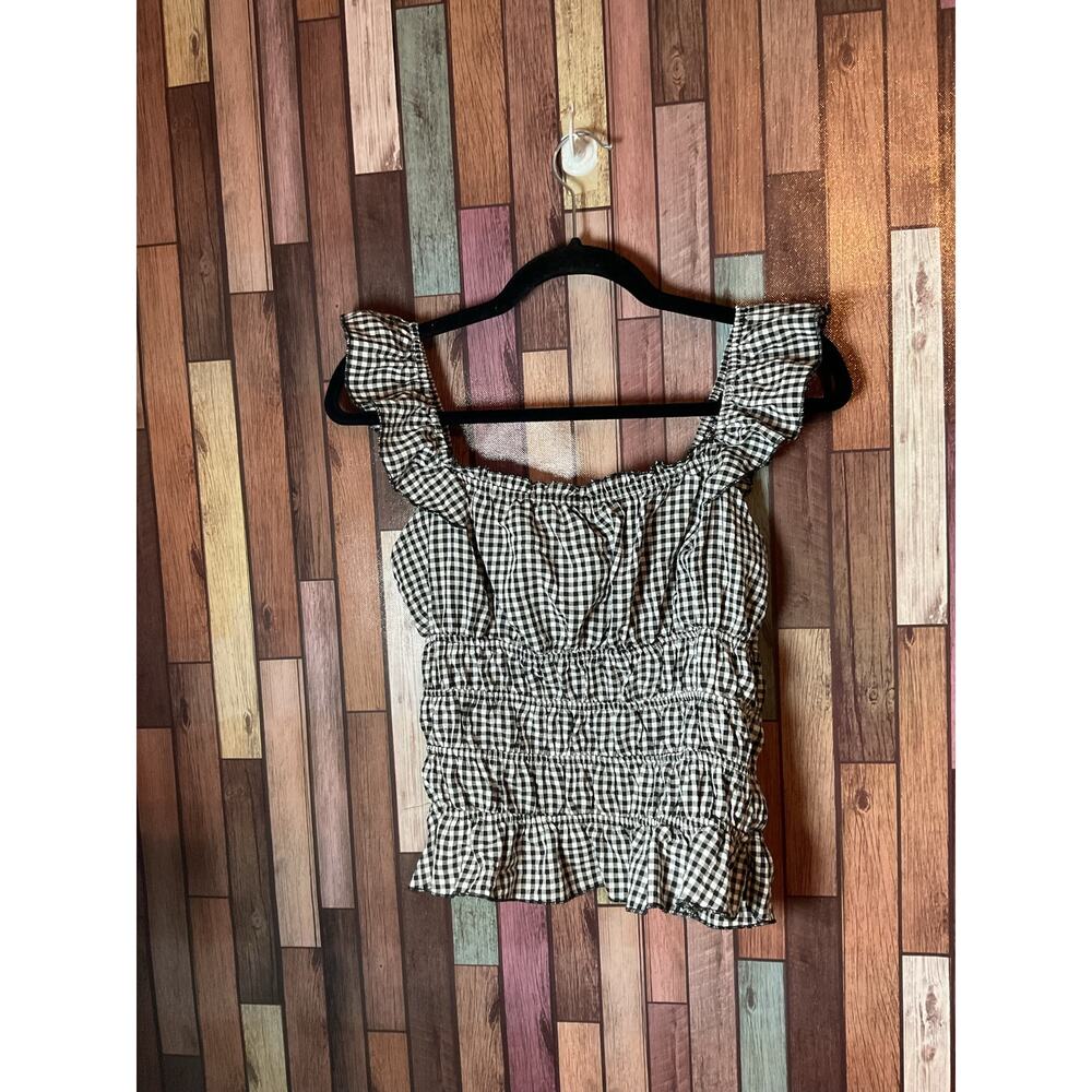 Black and White Checkered  Smocked Top With Ruffle Straps Women’s Medium Persaya
